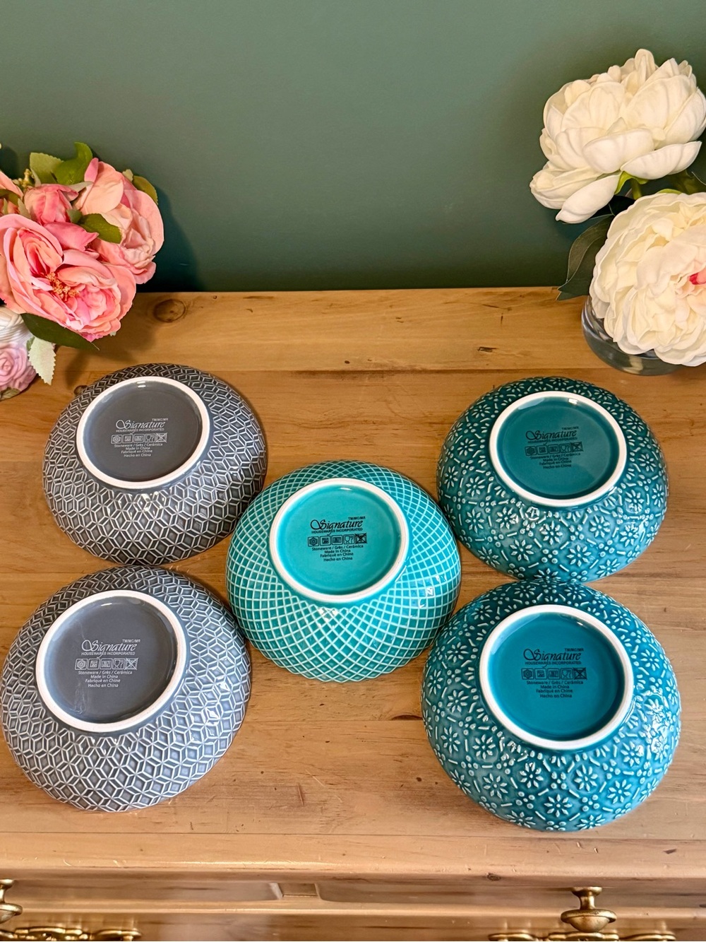 5 Signature Housewares Stoneware Bowls Blue Teal Grey Pattern 14.5oz - Picture 5 of 8